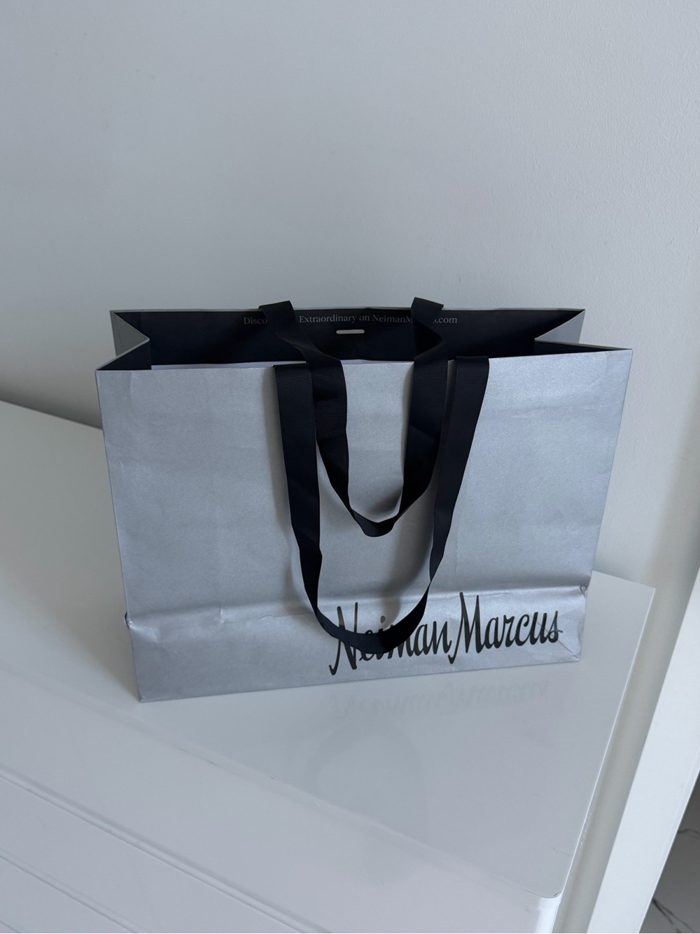 Neiman Marcus Silver Tote with Black Ribbon Handles